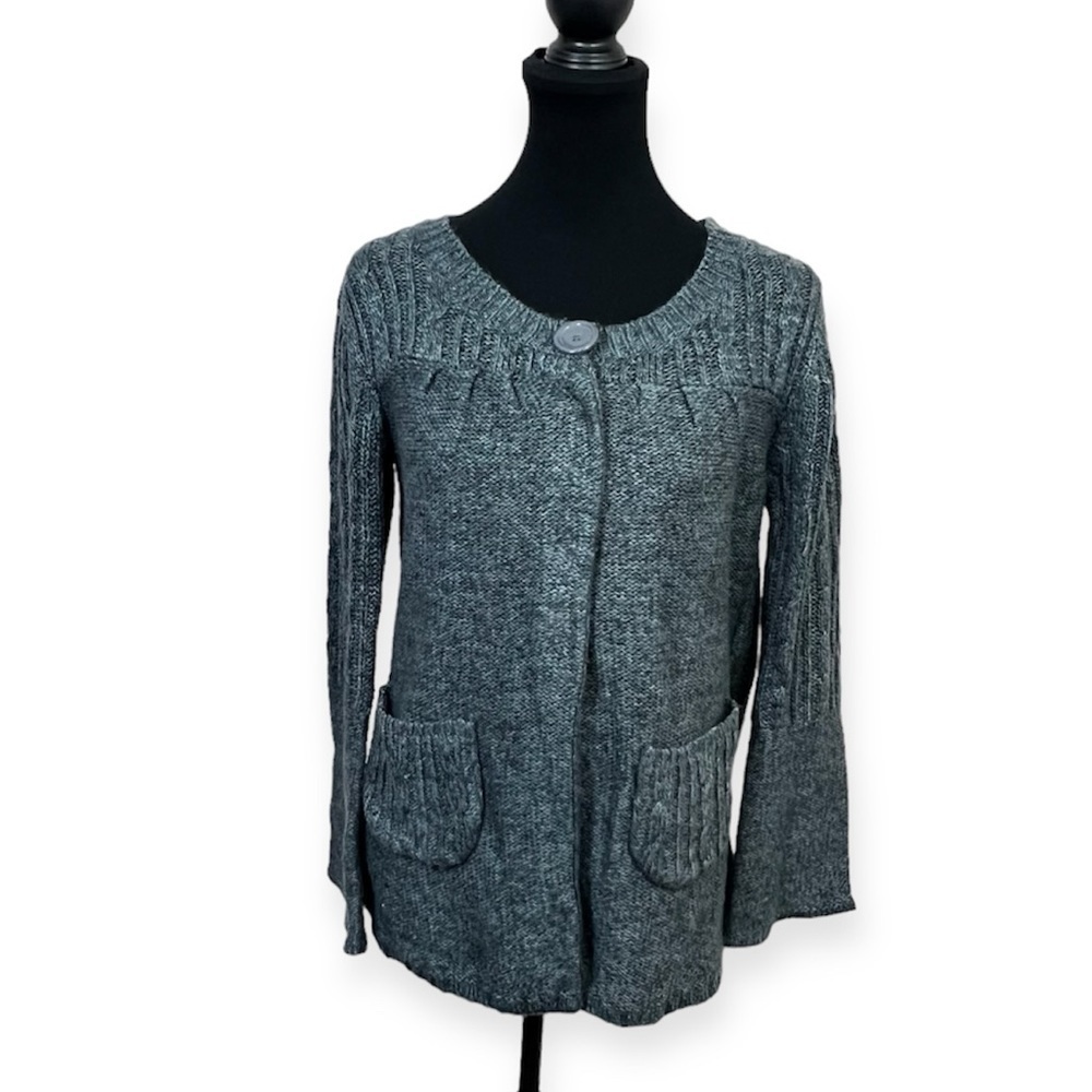 Linda Matthews Snap Button Knit Sweater Cardigan Gray Size L